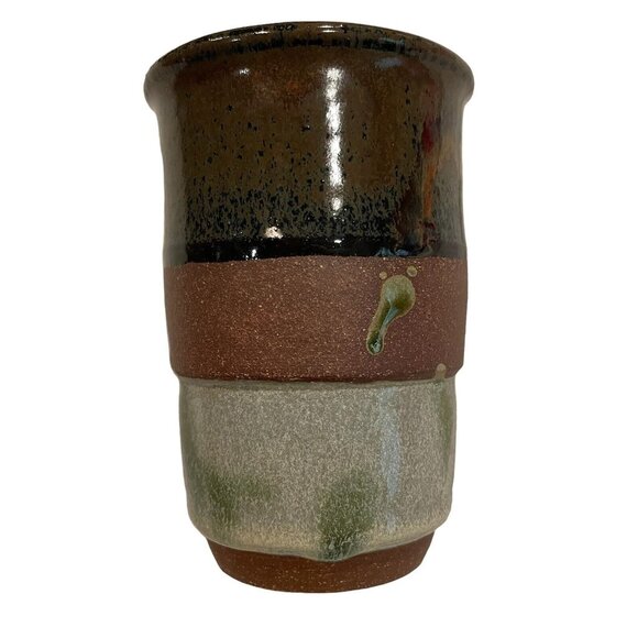 B Campbell Art Pottery Tumbler Mug Vase Brown Taupe Drip Glaze 5" Texture Signed - Picture 1 of 16